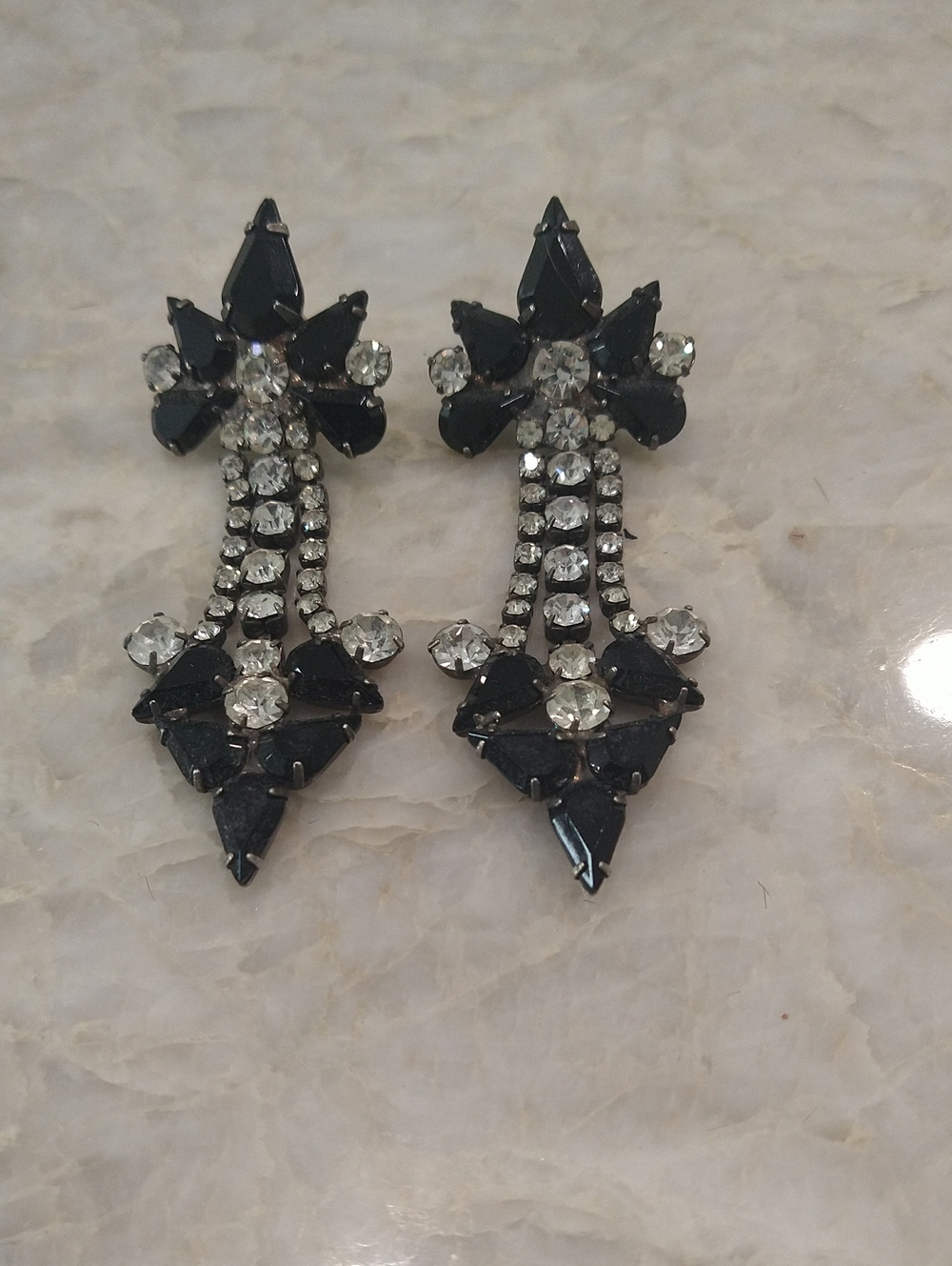 Vintage Crystal Drop Pierced Statement Earrings - Black and Clear